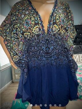 Victoria's Secret Navy Paisley V-Neck Tunic Kaftan blue cover up small S